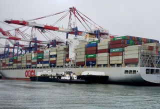 Shipping containers on a ship at the Port of Long Beach