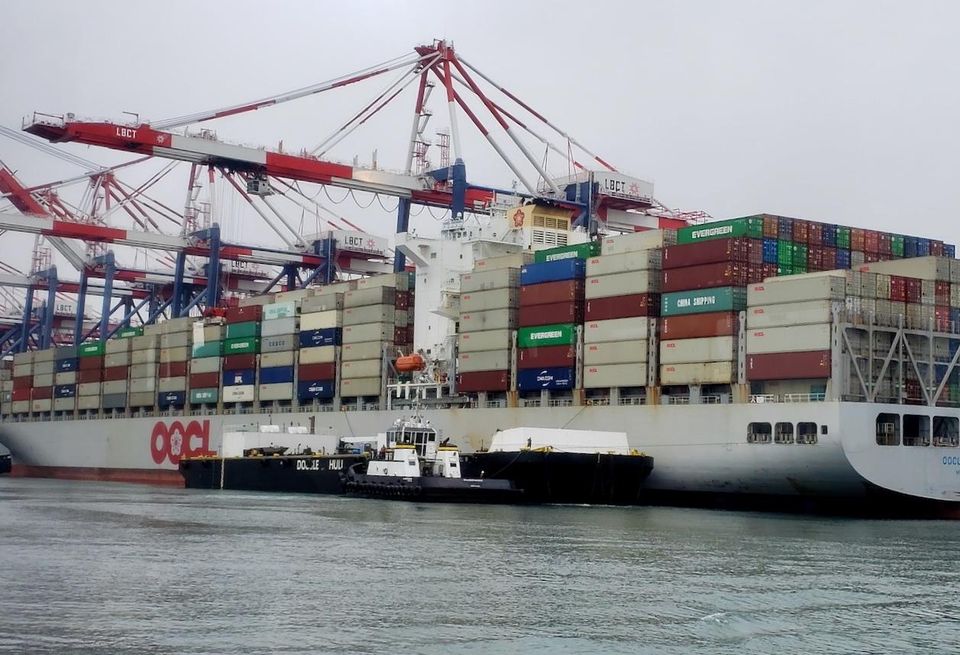 Shipping containers on a ship at the Port of Long Beach