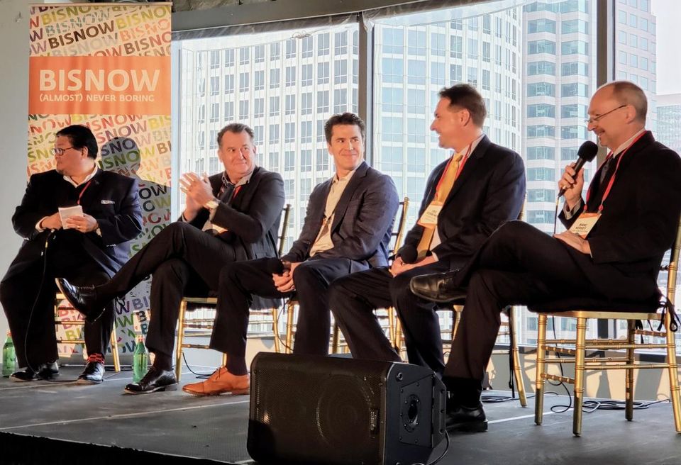 Los Angeles Dept. of Convention and Tourism Development's Doane Liu, Mack Real Estate Development's Paul Keller,Holland Partner Group's Tom Warren, AECOM Building Construction's Eric Schreiner and Clark Construction's Marc Kersey at Bisnow's Future of Downtown Los Angeles event at the Wedbush Center in downtown.