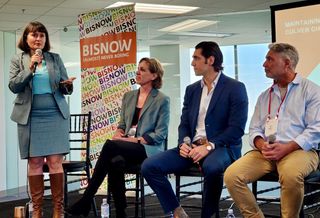 Culver City Mayor Meghan Sahli-Wells, Rottet Studio's Patricia McCaul, Grifka Group's Leo Grifka and RM/d's Rick Moses discuss Culver City's charm during a panel at Bisnow's State of the Market event at the 400/600 Culver Pointe in Culver City. Not pictured were Walter N. Marks' Wally Marks and Corgan's Sean Kim.