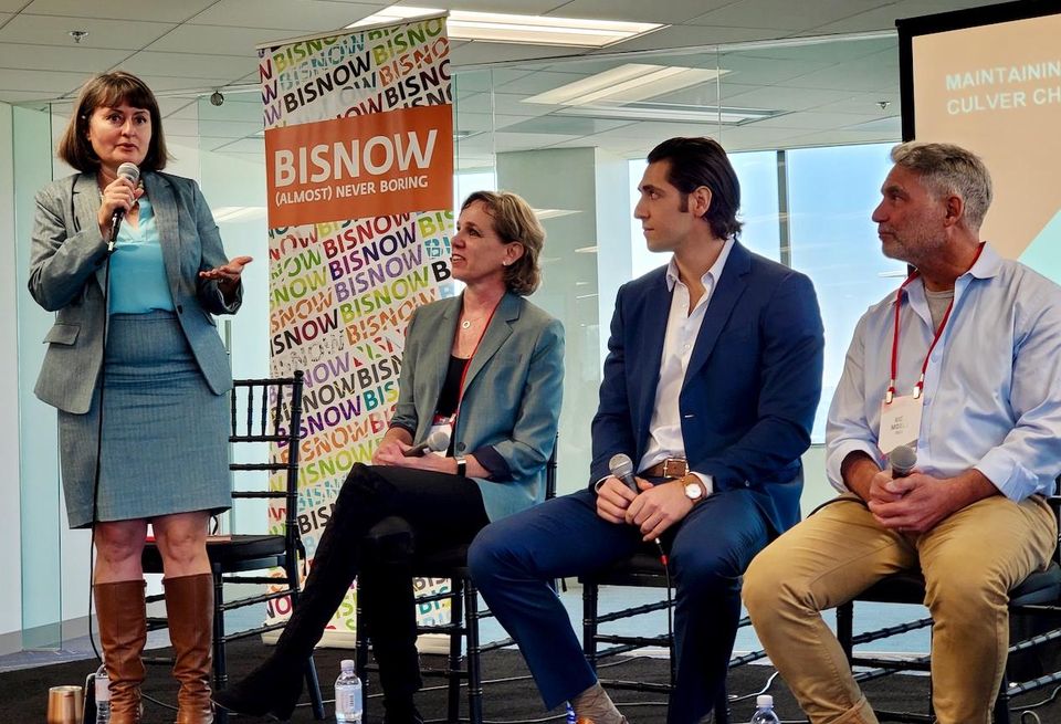 Culver City Mayor Meghan Sahli-Wells, Rottet Studio's Patricia McCaul, Grifka Group's Leo Grifka and RM/d's Rick Moses discuss Culver City's charm during a panel at Bisnow's State of the Market event at the 400/600 Culver Pointe in Culver City. Not pictured were Walter N. Marks' Wally Marks and Corgan's Sean Kim.