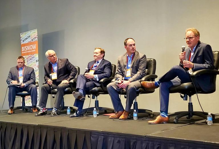 Allen Matkins' Derek Weisbender, Shea Properties' Jon Marchiorlatti, Wincome's Paul Sanford, Clark Construction's Justin Strzelecki and Carpenters/Contractors Cooperation Committee's David Kersh were panelists at Bisnow's Orange County Construction and Development event at the Irvine Marriott hotel in Irvine. 