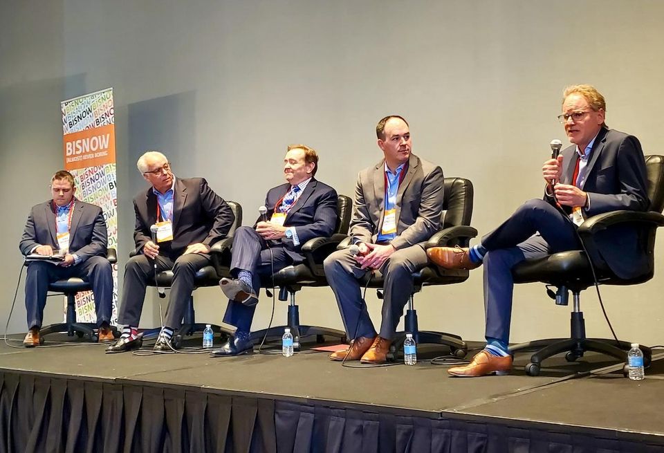 Allen Matkins' Derek Weisbender, Shea Properties' Jon Marchiorlatti, Wincome's Paul Sanford, Clark Construction's Justin Strzelecki and Carpenters/Contractors Cooperation Committee's David Kersh were panelists at Bisnow's Orange County Construction and Development event at the Irvine Marriott hotel in Irvine.
