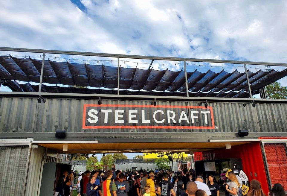 A band plays on a stage during the soft opening of SteelCraft Garden Grove in Orange County