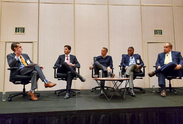 DLA Piper Partner Jeff Diener, OPZ Bernstein Chief Investment Officer Craig Bernstein, Soul Community Planet Ken Cruse, Integrated Capital Managing Partner Kenneth Fearn and G6 Hospitality Vice President of Franchise Development Jeff Stephenson discuss opportunity zones at the Americas Lodging Investment Summit at the JW Marriott in downtown Los Angeles