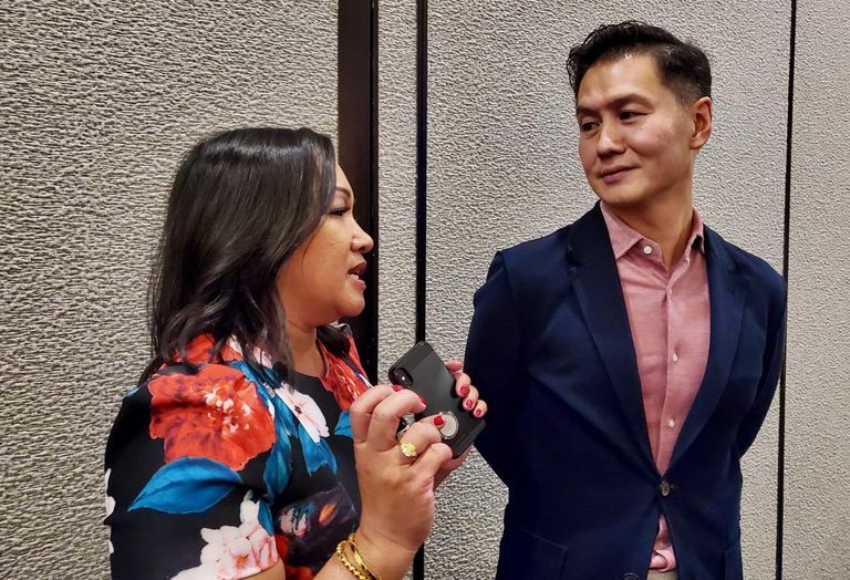 Alexian Advisors Managing Principal Jennifer Taylor talks to Gaw Capital Founder and Chairman Goodwin Gaw after a Filipinos In Institutional Real Estate event Sept. 13, 2019 in Dana Point