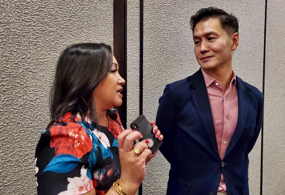 Alexian Advisors Managing Principal Jennifer Taylor talks to Gaw Capital Founder and Chairman Goodwin Gaw after a Filipinos In Institutional Real Estate event Sept. 13, 2019 in Dana Point