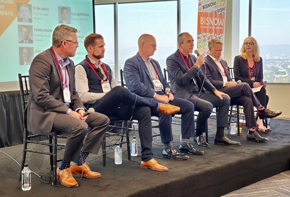 Hackman Capital Partners' Ryan Smith, Newmark Knight Frank's Alex Bergeson, KPRS Construction's Joel Stensby, Abramson Architects' Trevor Abramson, Cambridge Pacific Ventures' Perry Pound and Greenberg Glusker's Elizabeth Watson discuss the game changing developments happening in Culver City at Bisnow's Culver City State of the Market event at 400/600 Culver Pointe in Culver City