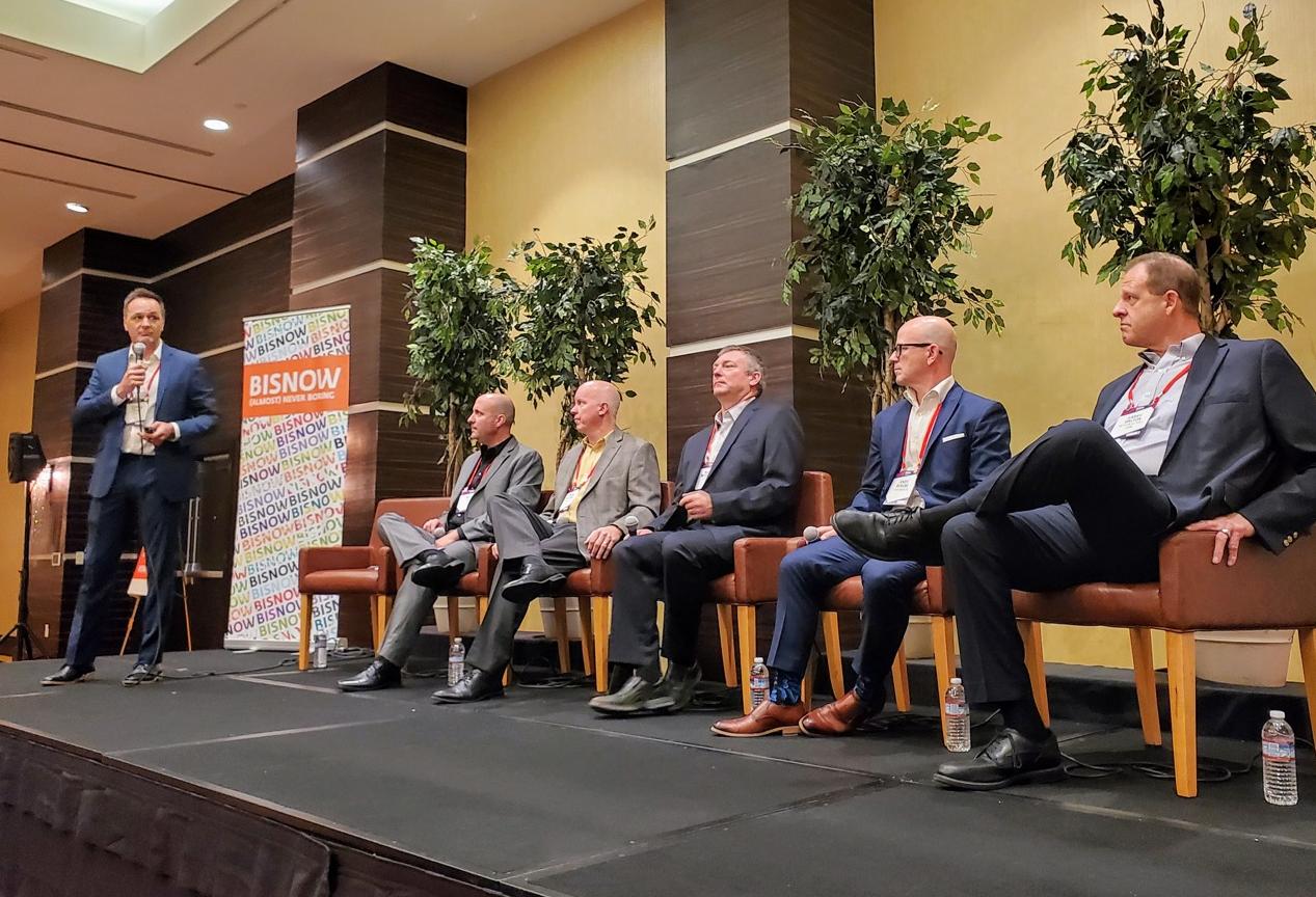 Fulcrum's Darren Seary, Fulcrum's Mitch Lund, Prefab Logic's Curtis Fletcher, ProSet's Matt Mitchell, STACK Modular's Andy Berube and Western Alliance Bank's Larry Dalton at Bisnow's Modular Construction Summit at the LA Grand Hotel Downtown in downtown Los Angeles.
