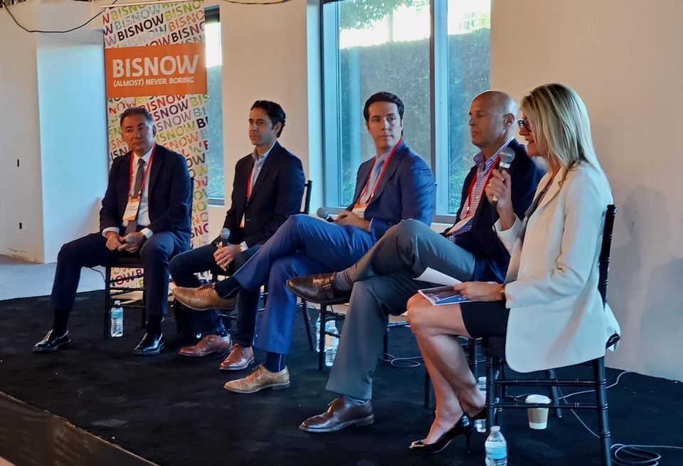Adept's Patrick Chraghchian, Cypress Equity Investments' Adrian Berger, LaTerra Development's Chris Tourtellotte, Overton Moore Properties' Timur Tecimer and CBRE's Natalie Bazarevitsch discuss the state of Los Angeles' Valley neighborhood on a panel at Bisnow's State of the Valley and Tri-Cities event at New York Life's 2300 West Empire Avenue building in Burbank