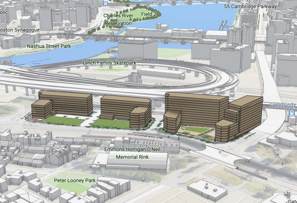 A 3D model of Trinity Financial's proposal for the Austin Street parking lot redevelopment in Charlestown.