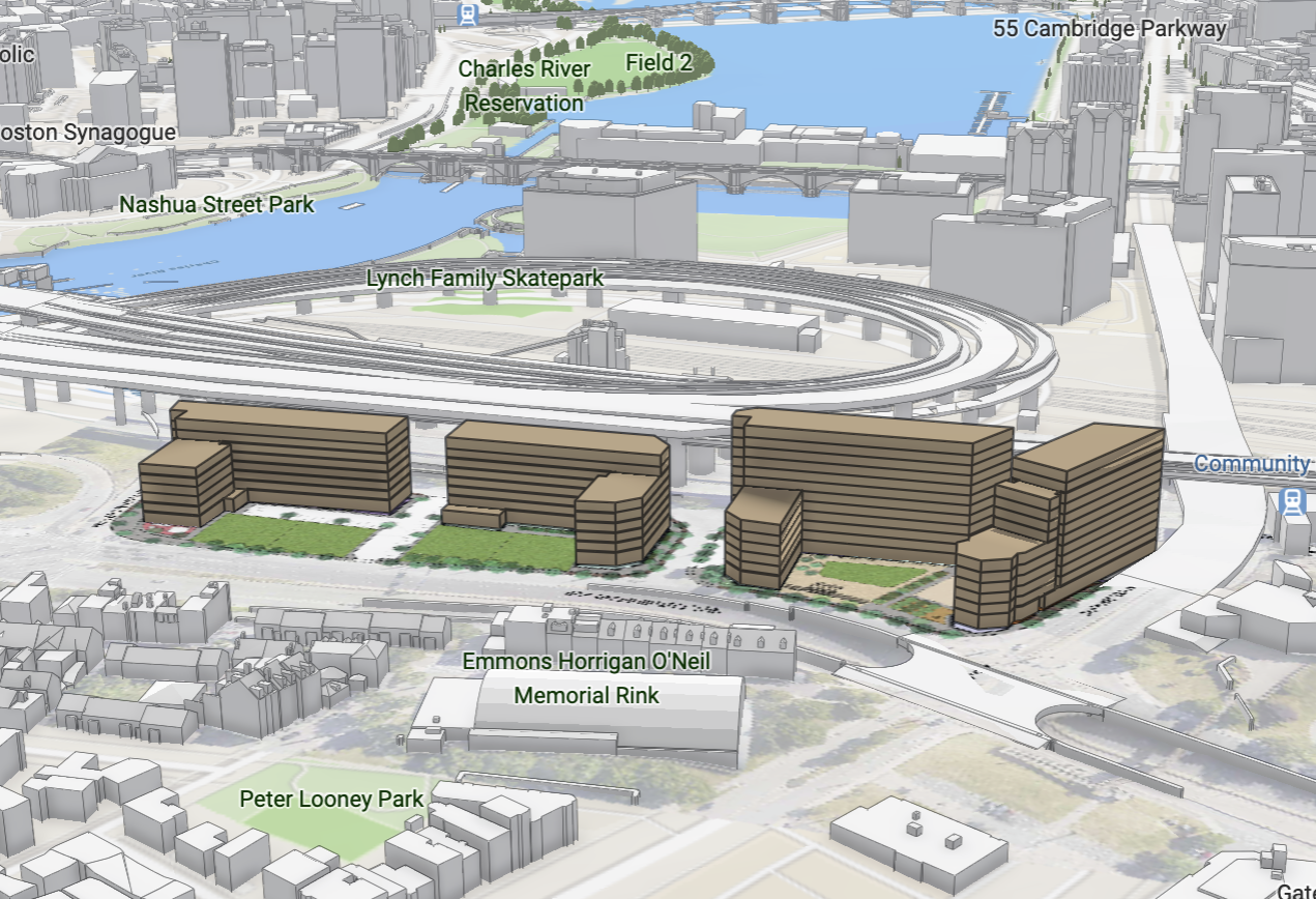 A 3D model of Trinity Financial's proposal for the Austin Street parking lot redevelopment in Charlestown.