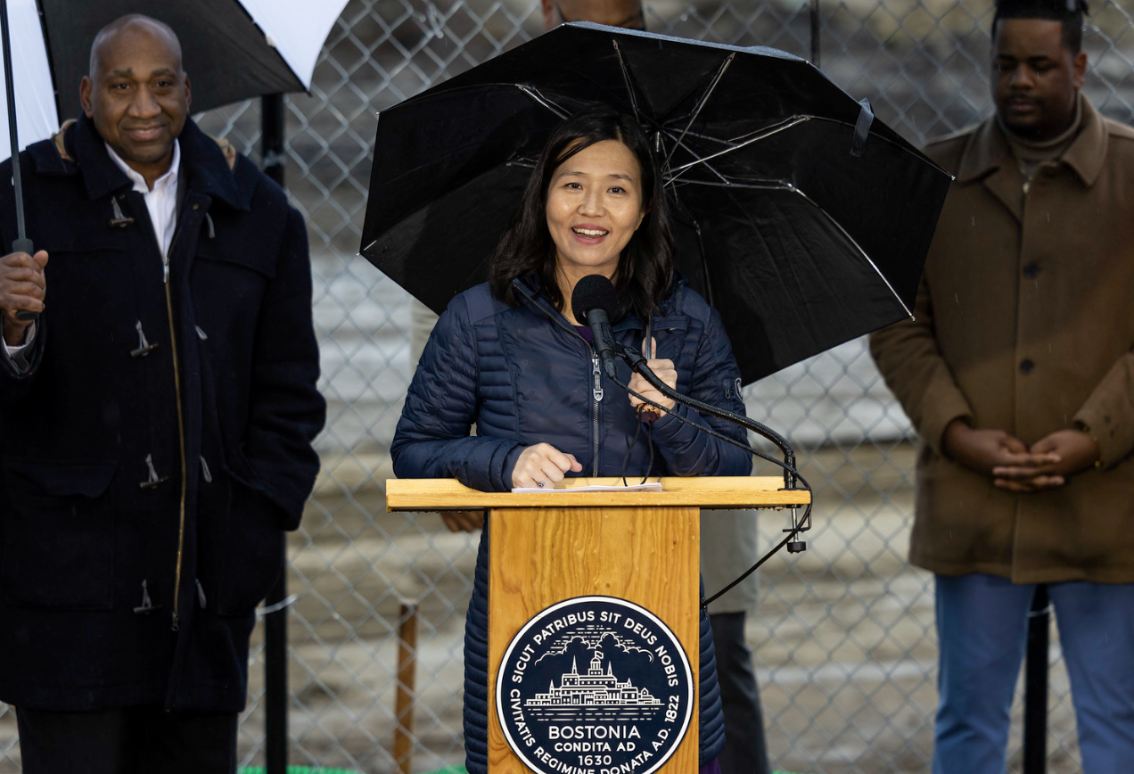 Mayor Michelle Wu speaking at press conference at White Stadium on Thursday.