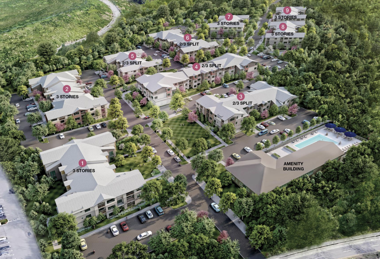 A rendering of an aerial view of Lincoln Properties' 270-unit proposal in Hyde Park.