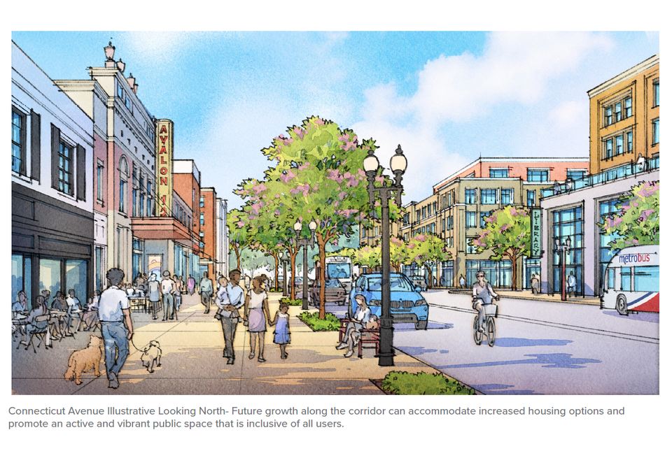 Connecticut Avenue Illustrative Looking North - Future growth along the corridor can accommodate increased housing options and promote an active and vibrant public space that is inclusive of all users.