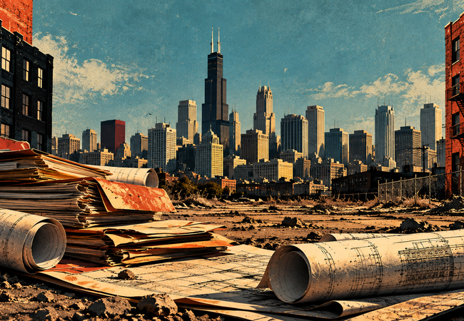 Architectural blueprints on a construction site with a skyline of tall buildings in the background under a blue sky.