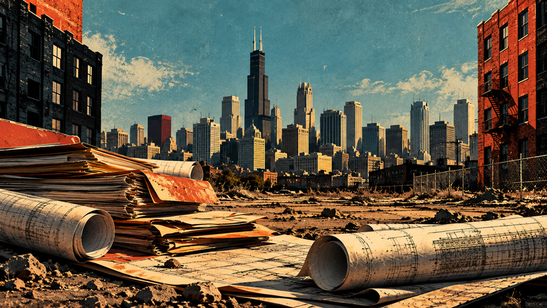 Architectural blueprints on a construction site with a skyline of tall buildings in the background under a blue sky.