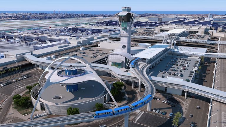 An aerial view of the people mover system at LAX