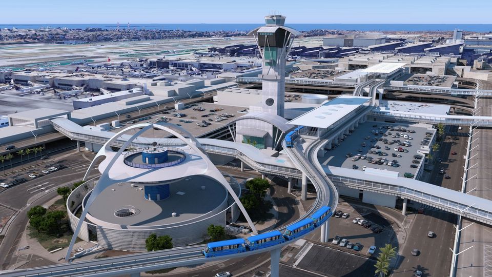 An aerial view of the people mover system at LAX