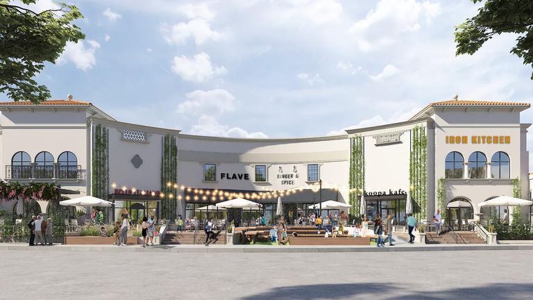 A rendering of the planned refresh for Plaza in the Park, EDENS' retail center in the West University submarket of Houston.