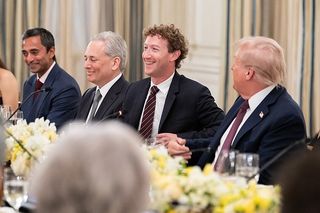 Mark Zuckerberg sits with Donald Trump and tech leaders at a dinner.