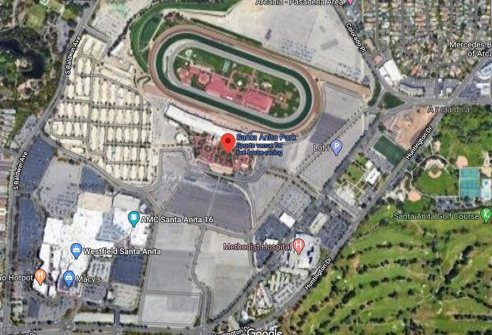 A satellite view of Santa Anita Park in Arcadia