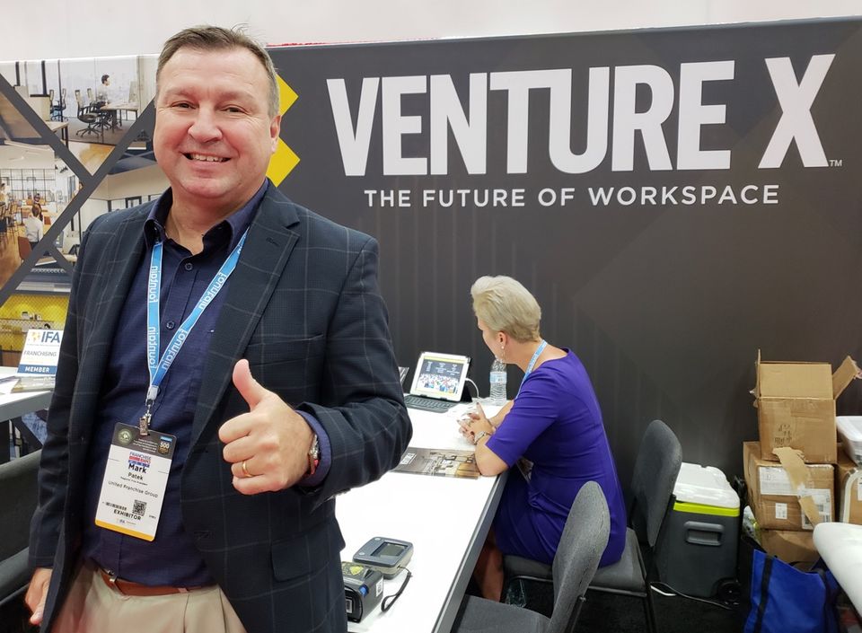 United Franchise Group Executive Vice President Mark Patek discusses the Venture X coworking franchise at the Franchise West Expo in Los Angeles