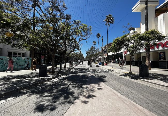 A sunny street scene with people walking, shaded by trees. Shops line the sides and palm trees are visible in the background against a clear sky.