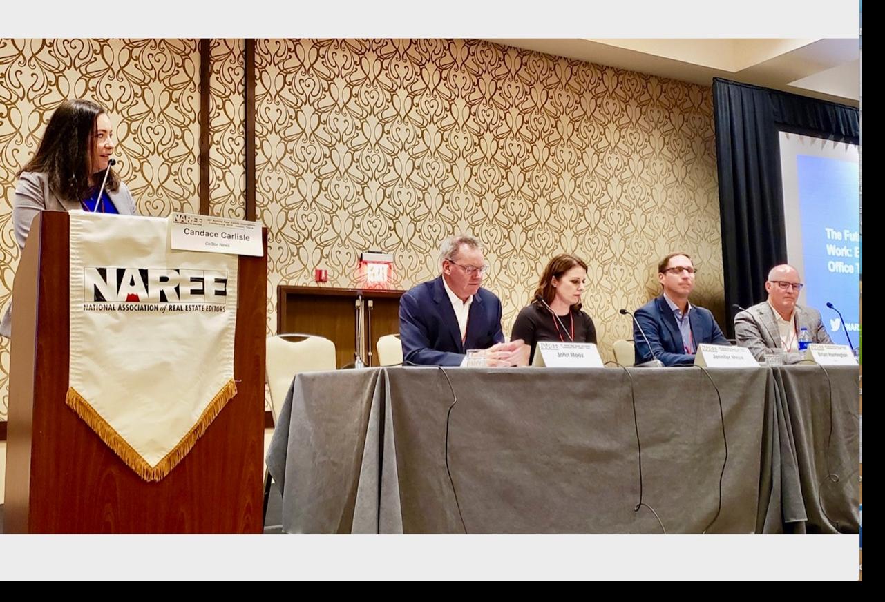 CoStar News' Candace Carlisle, Hines'  John Mooz, Gensler's Jennifer Mejia, Hana's Brian Harrington and Woodbine Development's Kris Harman at the Future of Office panel June 26 at the National Association of Real Estate Editors conference in Austin, TX.
