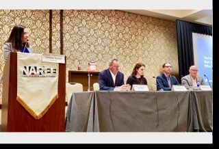 CoStar News' Candace Carlisle, Hines'  John Mooz, Gensler's Jennifer Mejia, Hana's Brian Harrington and Woodbine Development's Kris Harman at the Future of Office panel June 26 at the National Association of Real Estate Editors conference in Austin, TX.
