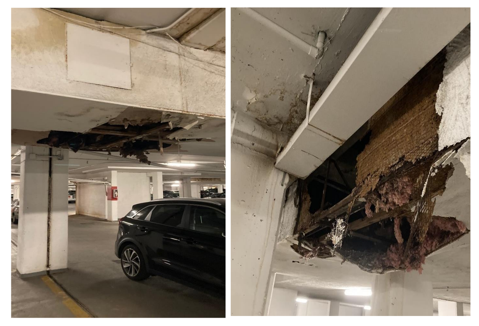 Images from a report filed by the Van Ness South Tenants Association to DCRA showing water damage in the parking garage at 3003 Van Ness St. NW