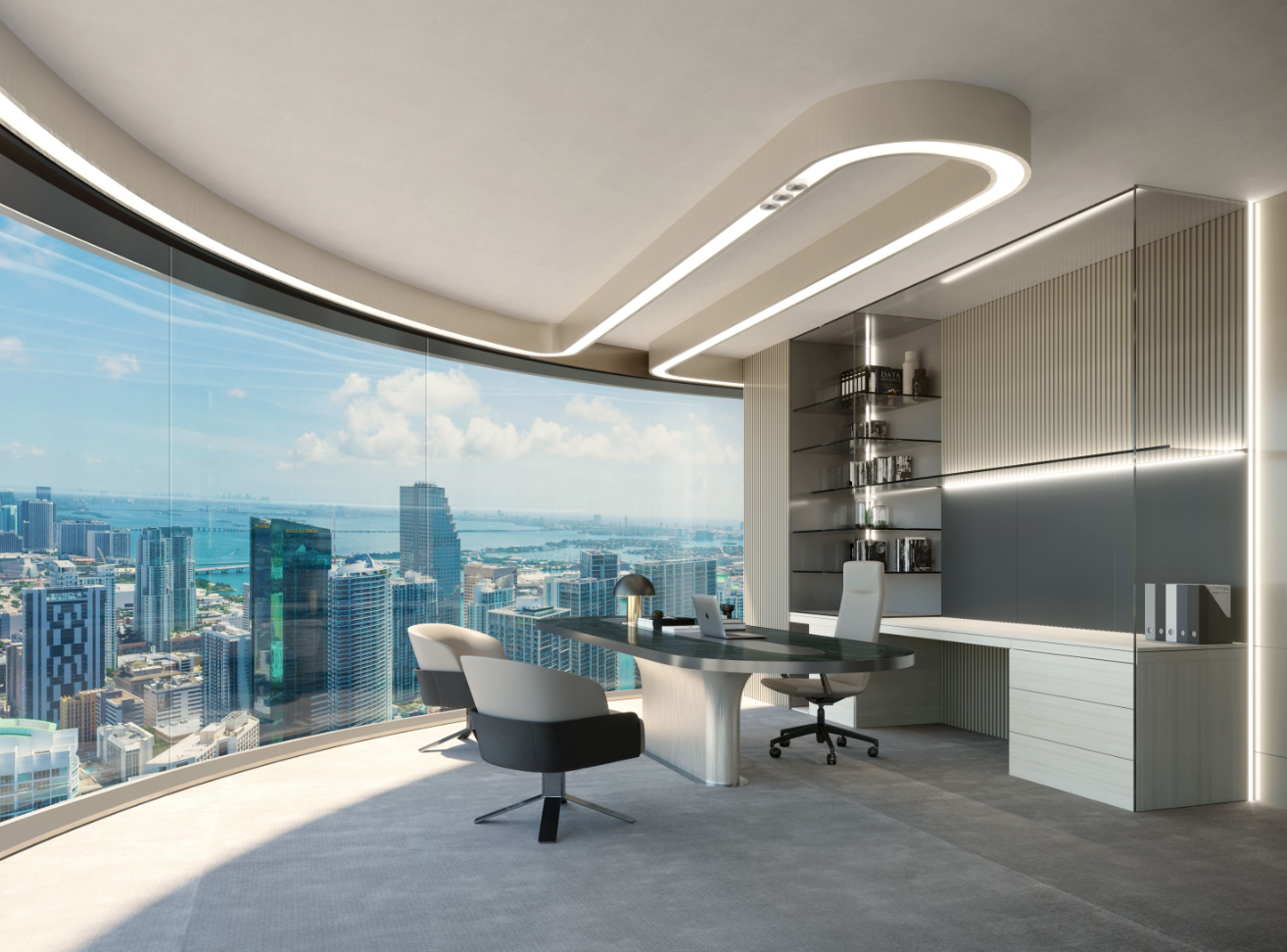 Image of interior at 830 Brickell, a new Class A-plus office tower under development by OKO Group and Cain International. The 55-story, 640,000 square foot tower, designed by renowned architecture firm Adrian Smith + Gordon Gill, will mark the first stand-alone Class A office building developed in Miami’s Brickell Financial District in more than a decade upon its completion in 2022. (Credit: OKO Group/Cain International)