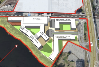 Greystar's design concept for the site includes three residential buildings that includes up to 1,450 housing units.