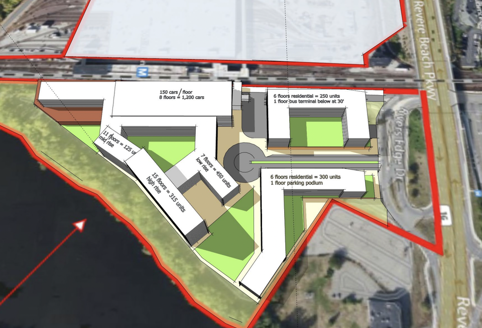 Greystar's design concept for the site includes three residential buildings that includes up to 1,450 housing units.