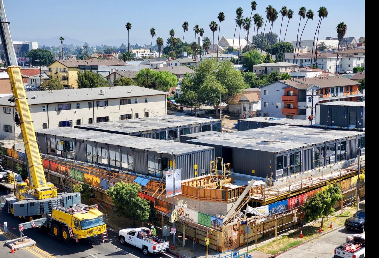 Hope on Alvarado, an 84-unit modular housing project for LA's chronically homeless, at 166 South Alvarado St. in Los Angeles.