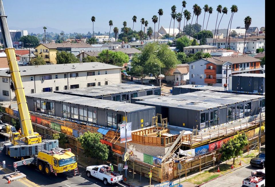 Hope on Alvarado, an 84-unit modular housing project for LA's chronically homeless, at 166 South Alvarado St. in Los Angeles.