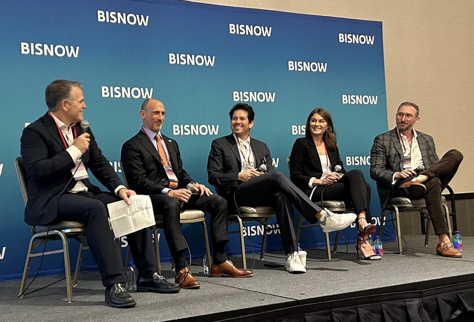 Bilzin Sumberg’s Joe Hernandez, Pensam Capital’s Ray Cleeman, Poverni Sheikh Group’s Eugene Poverni, MG Developer’s Katie Naranjo and Related ISG Realty’s Tomas Sulichin at Bisnow’s South Florida Commercial Real Estate Finance Conference on Nov. 30, 2023.