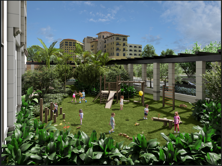 Children playing in a lush, green playground with climbing structures and plants, set against a backdrop of tall buildings under a partly cloudy sky.