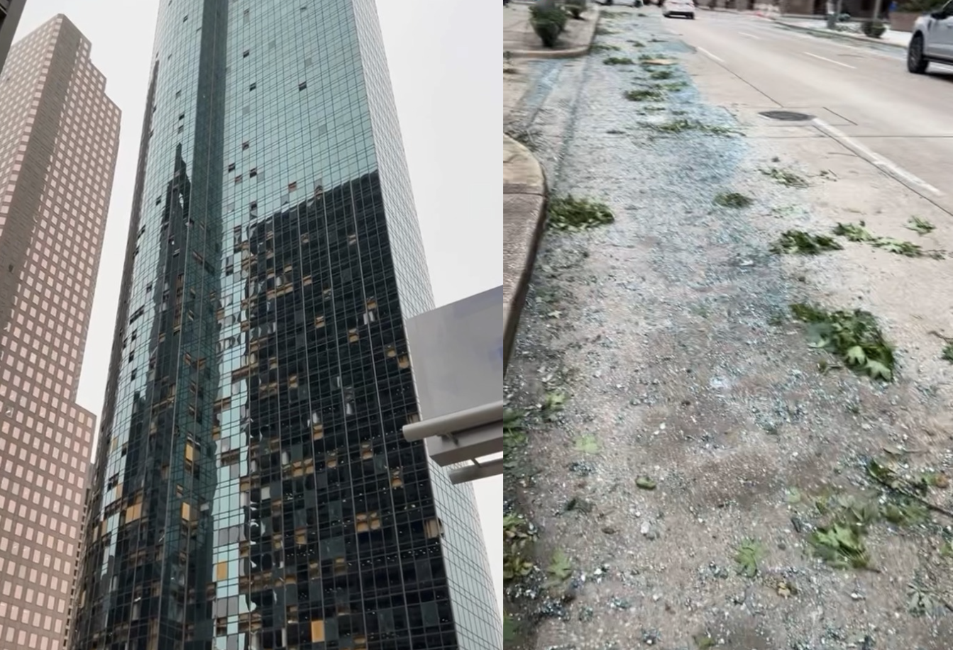 The Wells Fargo Plaza in Downtown Houston had numerous windows broken by a severe storm on May 16, 2024, leaving glass and debris littering Downtown streets.