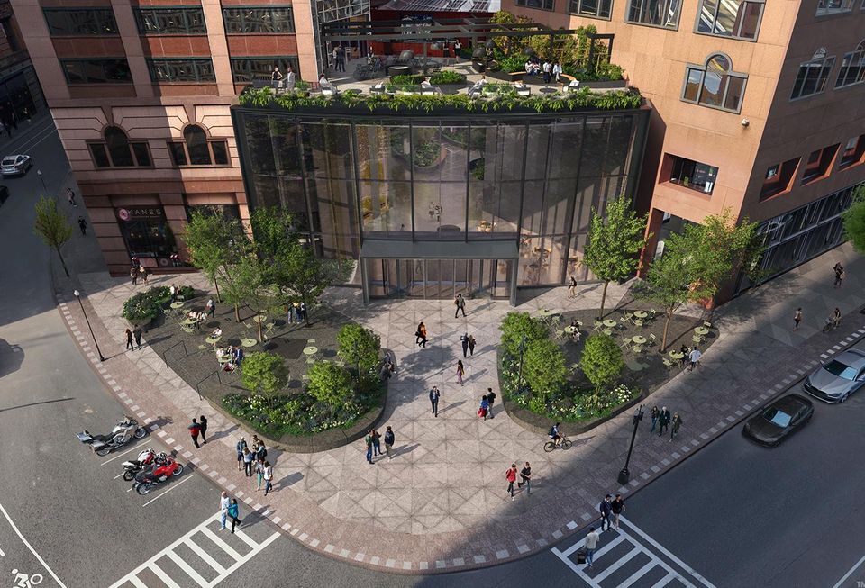 An aerial view of the proposed Fort Hill Plaza rebuild with the new roof deck. 