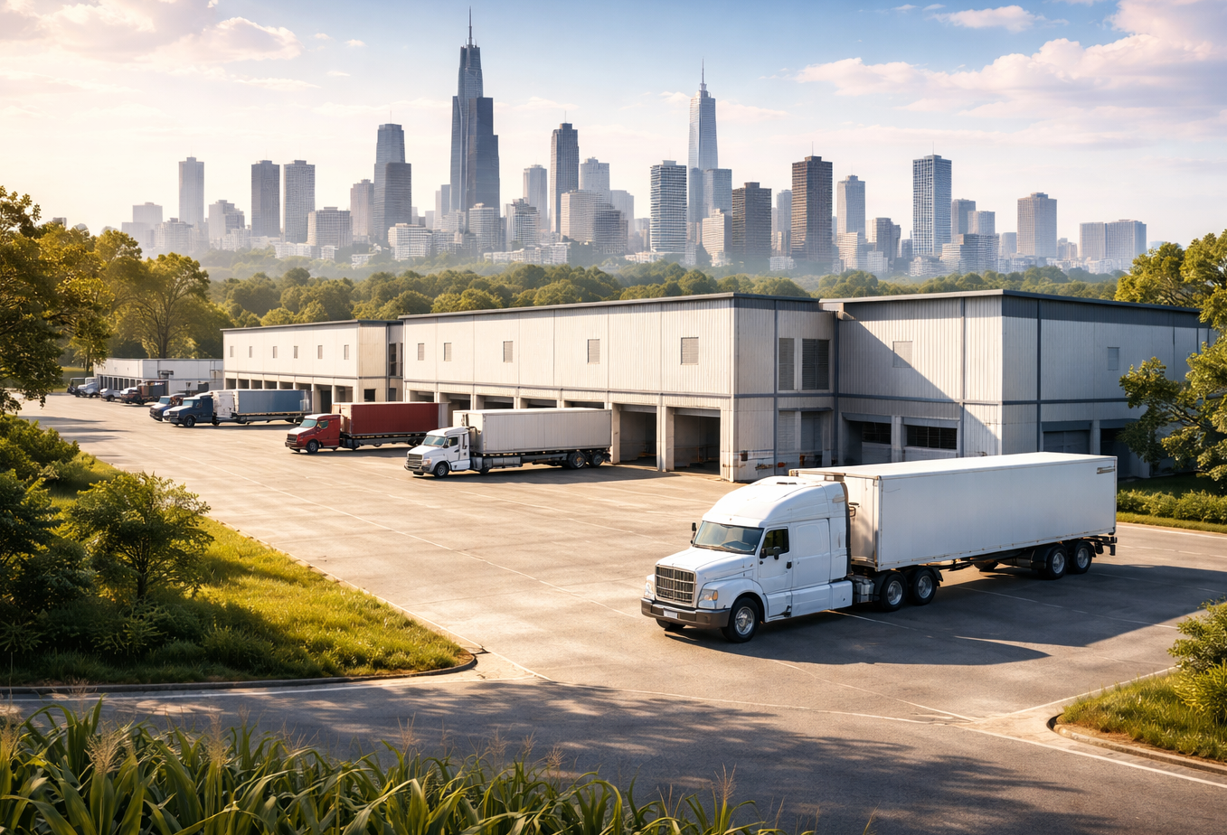AI-generated image of an industrial site with the Chicago skyline in hte background