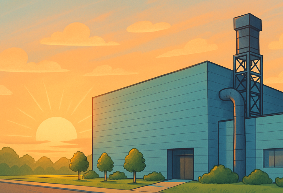 A blue factory that is being bathed by the sun's rays