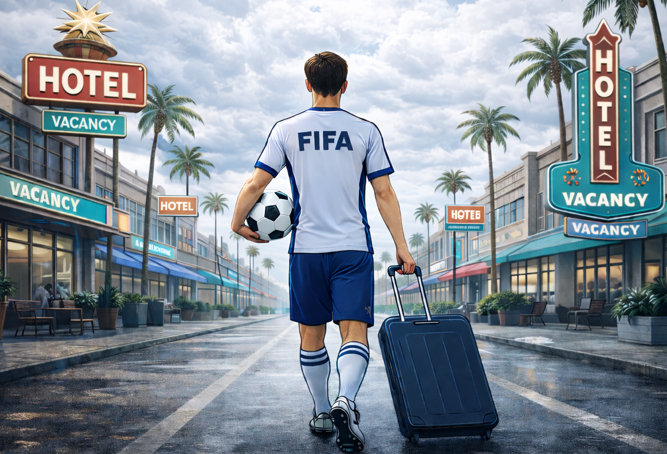 Soccer player wearing FIFA jersey walking down a street with hotel vacancies.