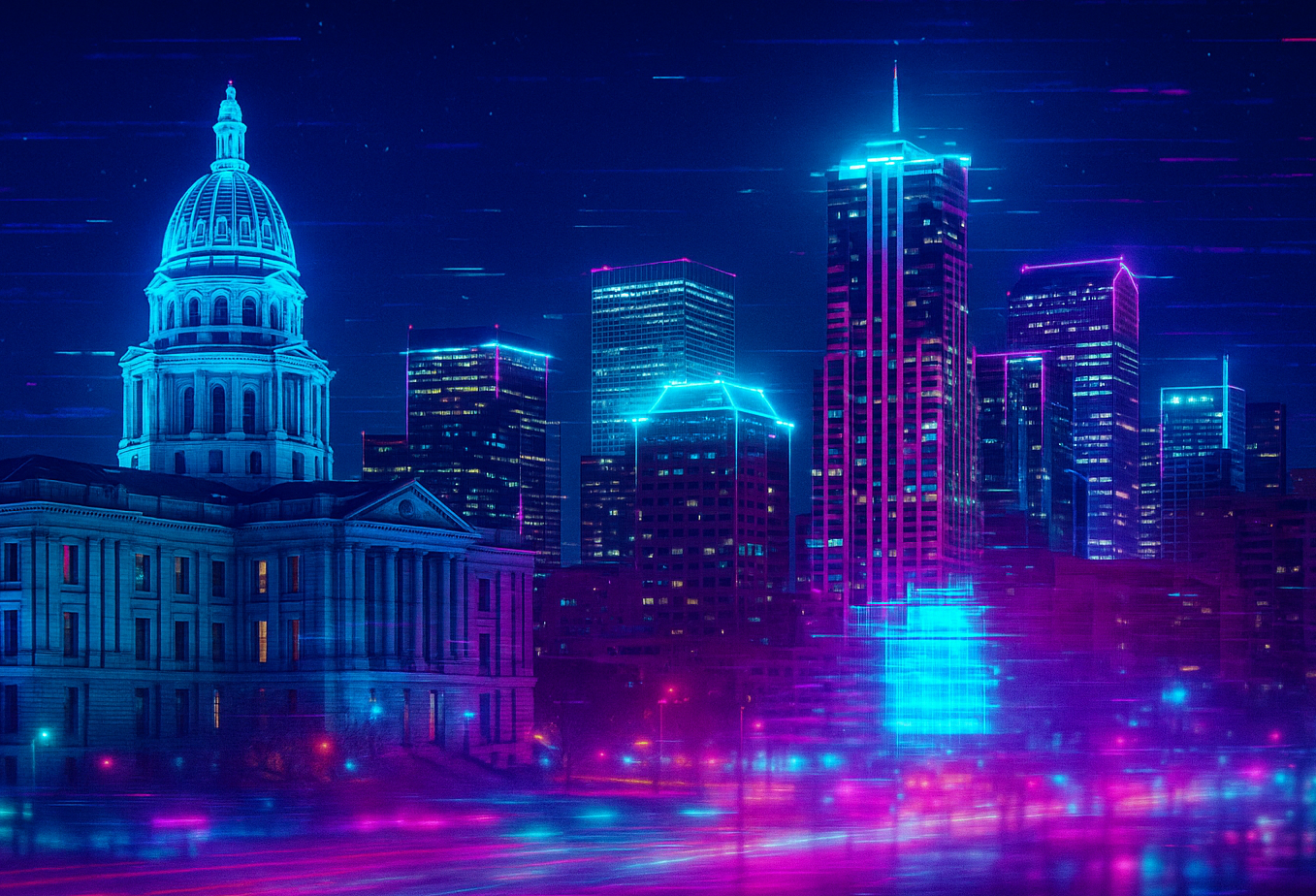 An AI-generated, futuristic and neon animated Denver skyline where parts of the buildings look fully electrified and glowing, but other parts are pixelated, flickering, or missing. Strong visual metaphor for uncertainty and half-implemented policy.