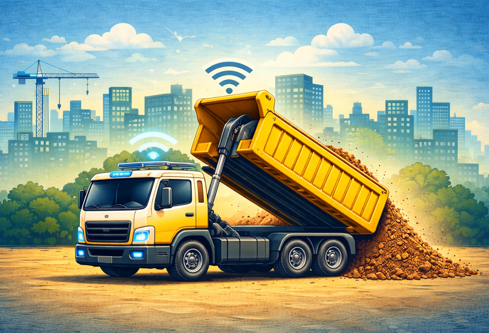 A smart dump truck unloading dirt