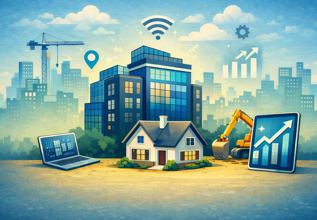 An illustration of connected technology, which also shows stocks going up.
