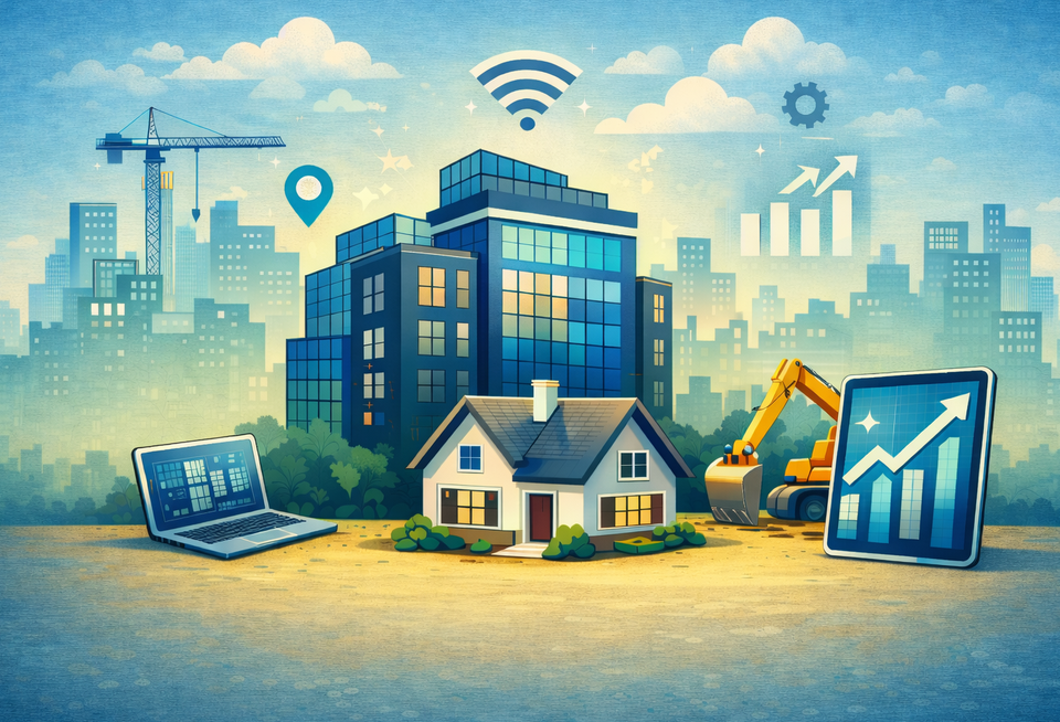 An illustration of connected technology, which also shows stocks going up.