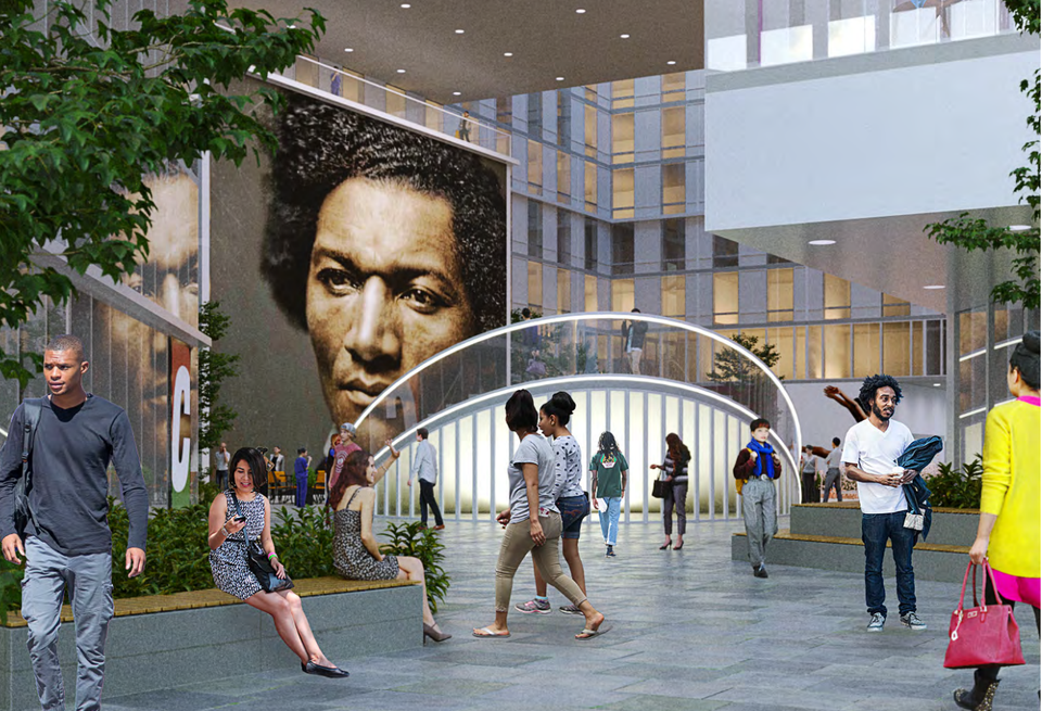 Rendering showing pedestrians strolling on a paved plaza with a round amphitheater center and a prominent portrait of Frederick Douglass.