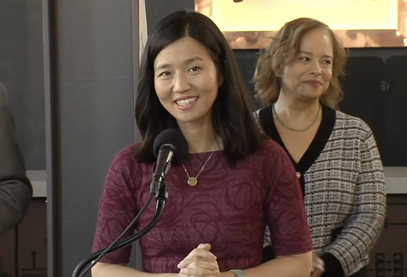 Mayor Michelle Wu speaking at the Substation in Roslindale on Friday.