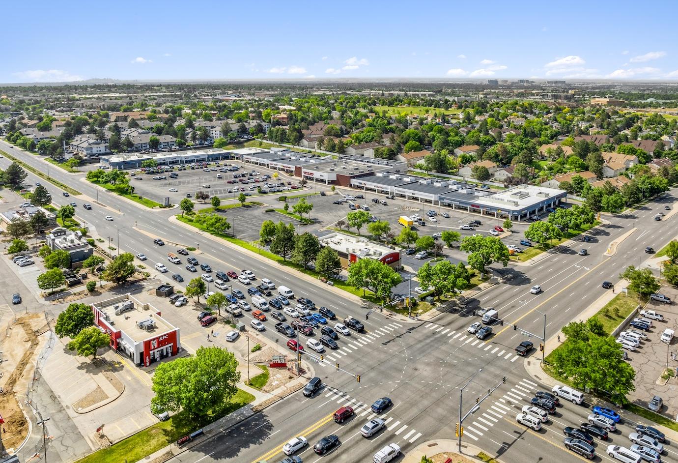 A drone image of Aurora Plaza and its surroundings